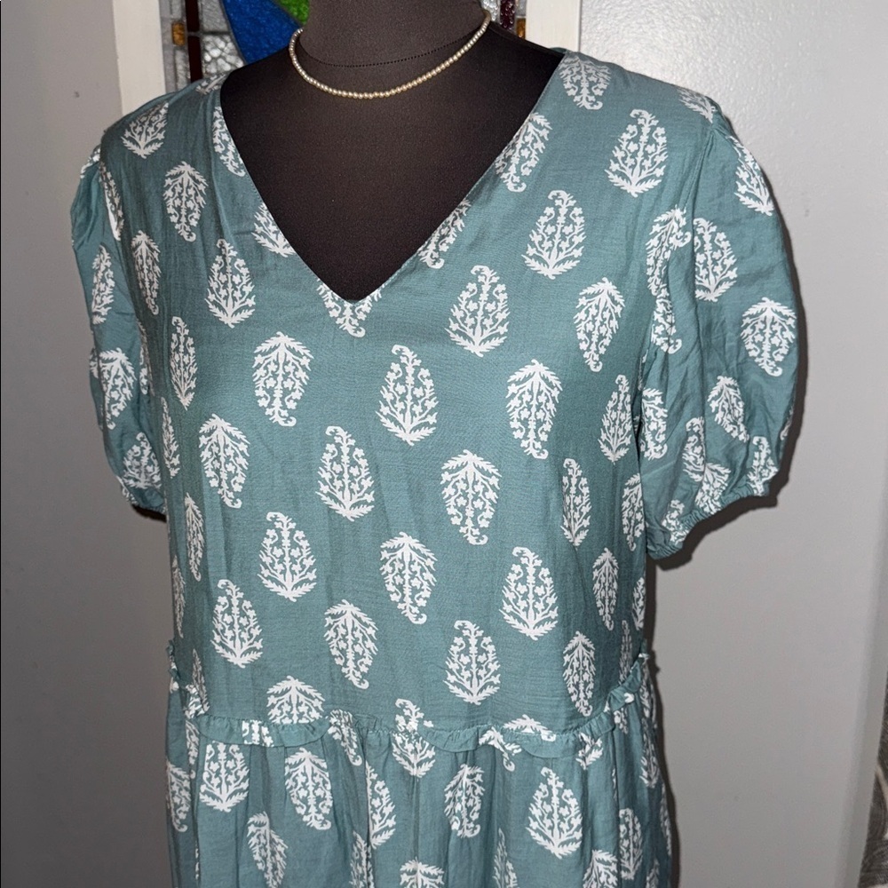 Lucky Brand Block Print Puff Sleeve Tiered Maxi Dress SZ Medium - Picture 3 of 10